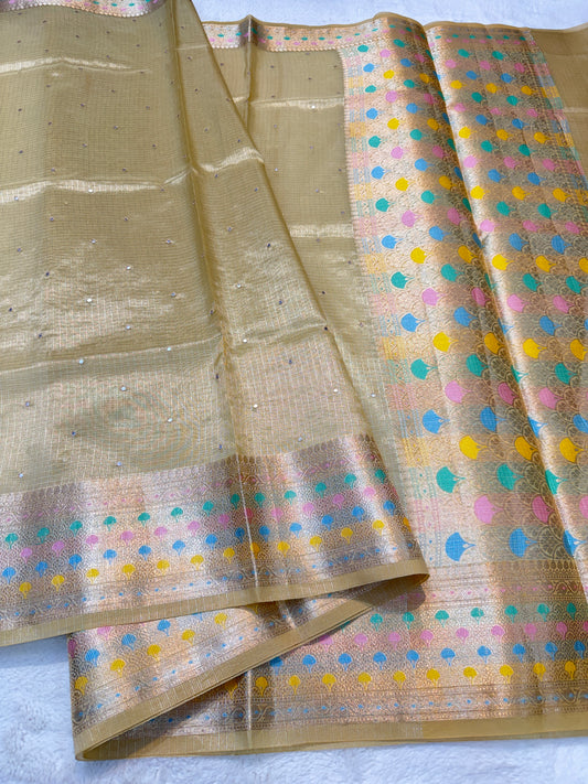 Beige shade tissue kota mirror work premium Banarasi saree