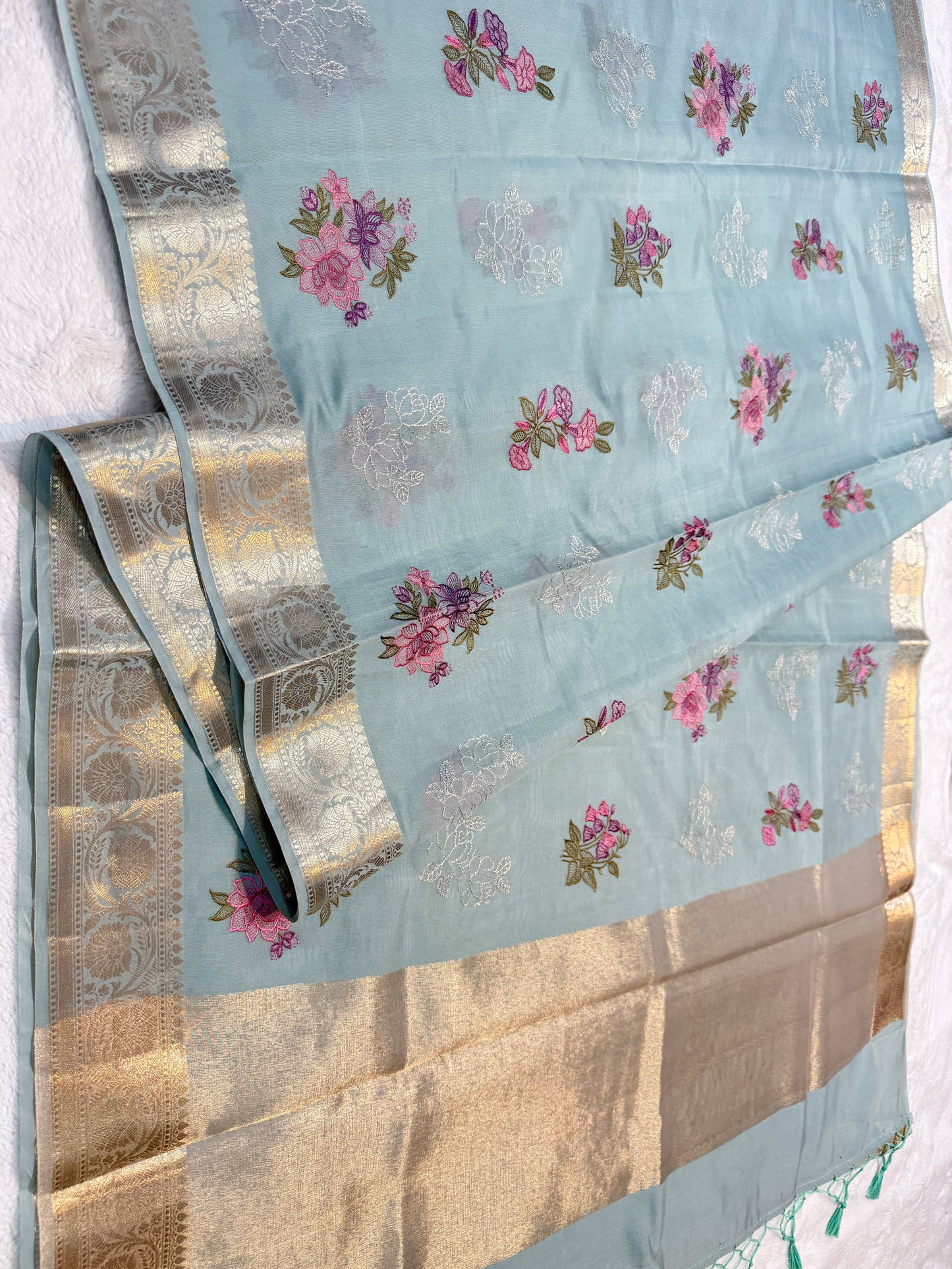 Firozi shade soft silk designer  premium embroidery Banarasi saree