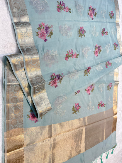 Firozi shade soft silk designer  premium embroidery Banarasi saree