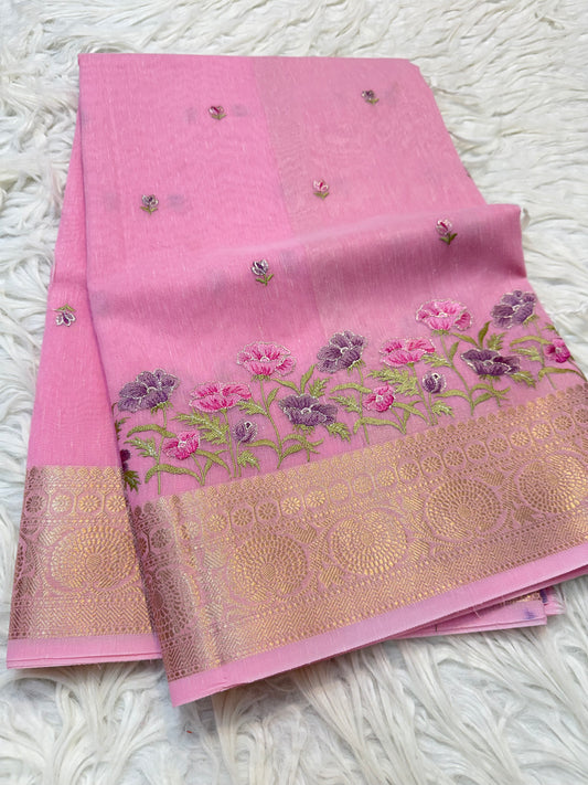 Pink green shade linen embroidery Banarasi saree