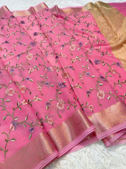 Pink shade cotton kota embroidery Banarasi saree