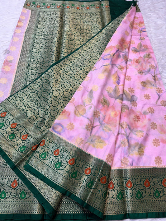 Pink bottle green & multicolour Dupion silk digital print Banarasi saree