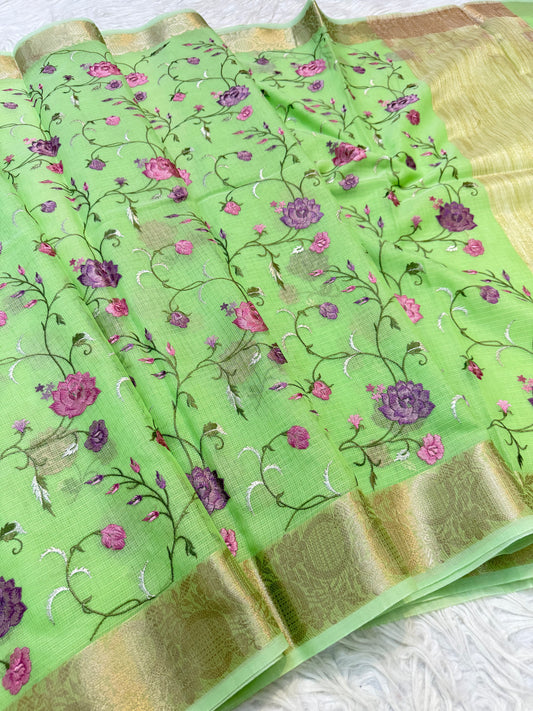 Pista green shade kota  embroidery Banarasi saree