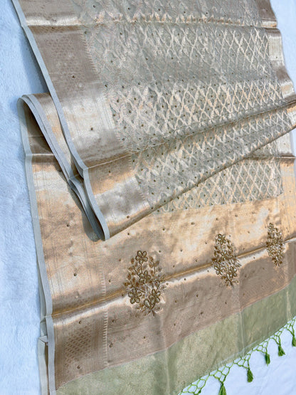 Pista green shade tissue kota designer handwork premium Banarasi saree