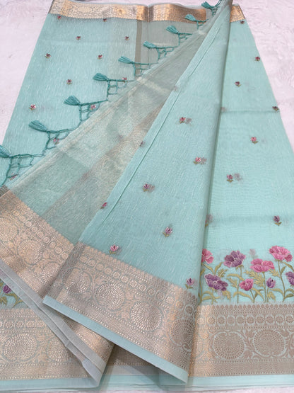 Turquoise shade linen embroidery Banarasi saree