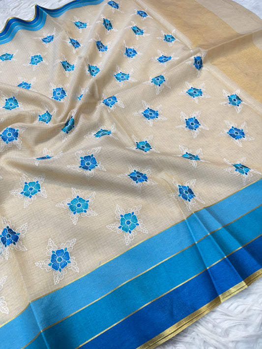 Off White German blue powder blueshade tissue kota embroidery Banarasi saree