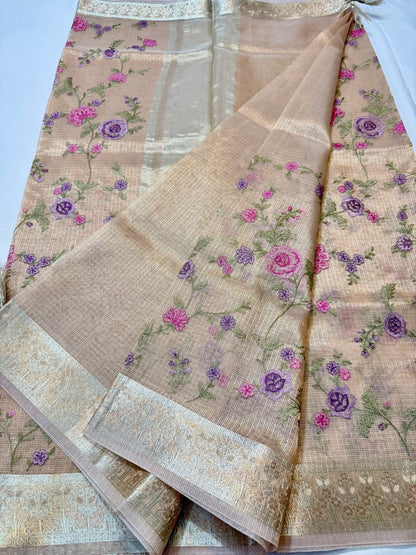 Beige shade tissue kota embroidery primum Banarasi saree