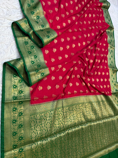 Red bottel green shade Dupion Silk premium Banarasi Saree