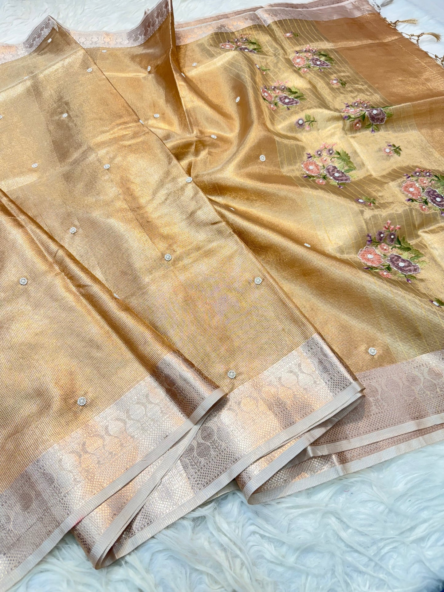 Peach shade kota tissue kota designer embroidery handwork premium Banarasi saree