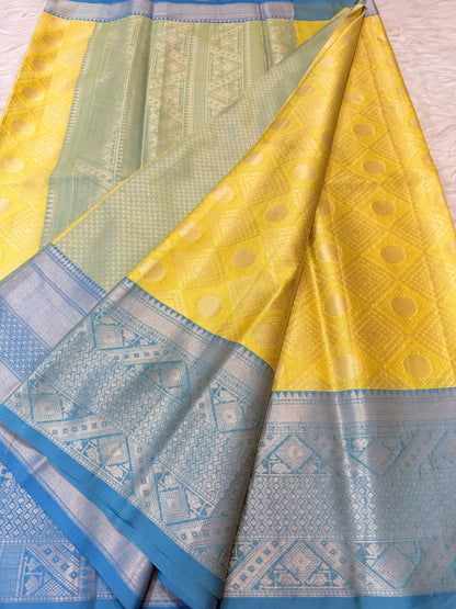 Yellow firozi shade premium soft silk Banarasi saree