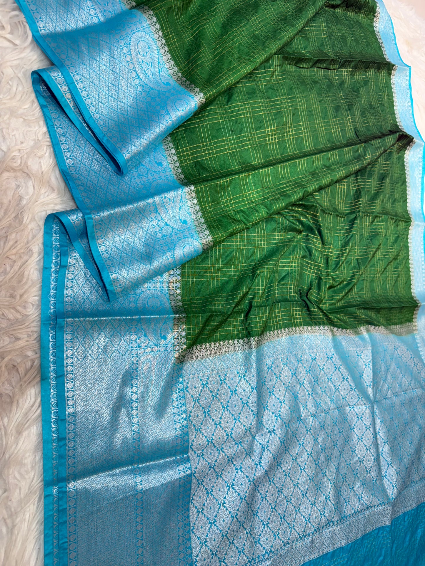 Bottle green & firozi shade  Dupion Silk premium Banarasi Saree