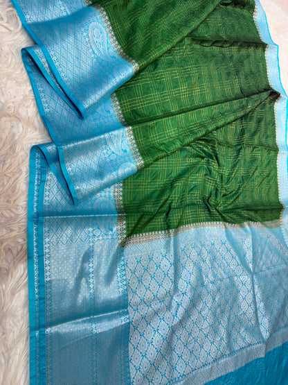 Bottle green & firozi shade  Dupion Silk premium Banarasi Saree