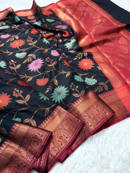 Black multicolour shade premium soft silk Banarasi saree