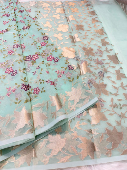 Turquoise shade kora organza embroidery saree