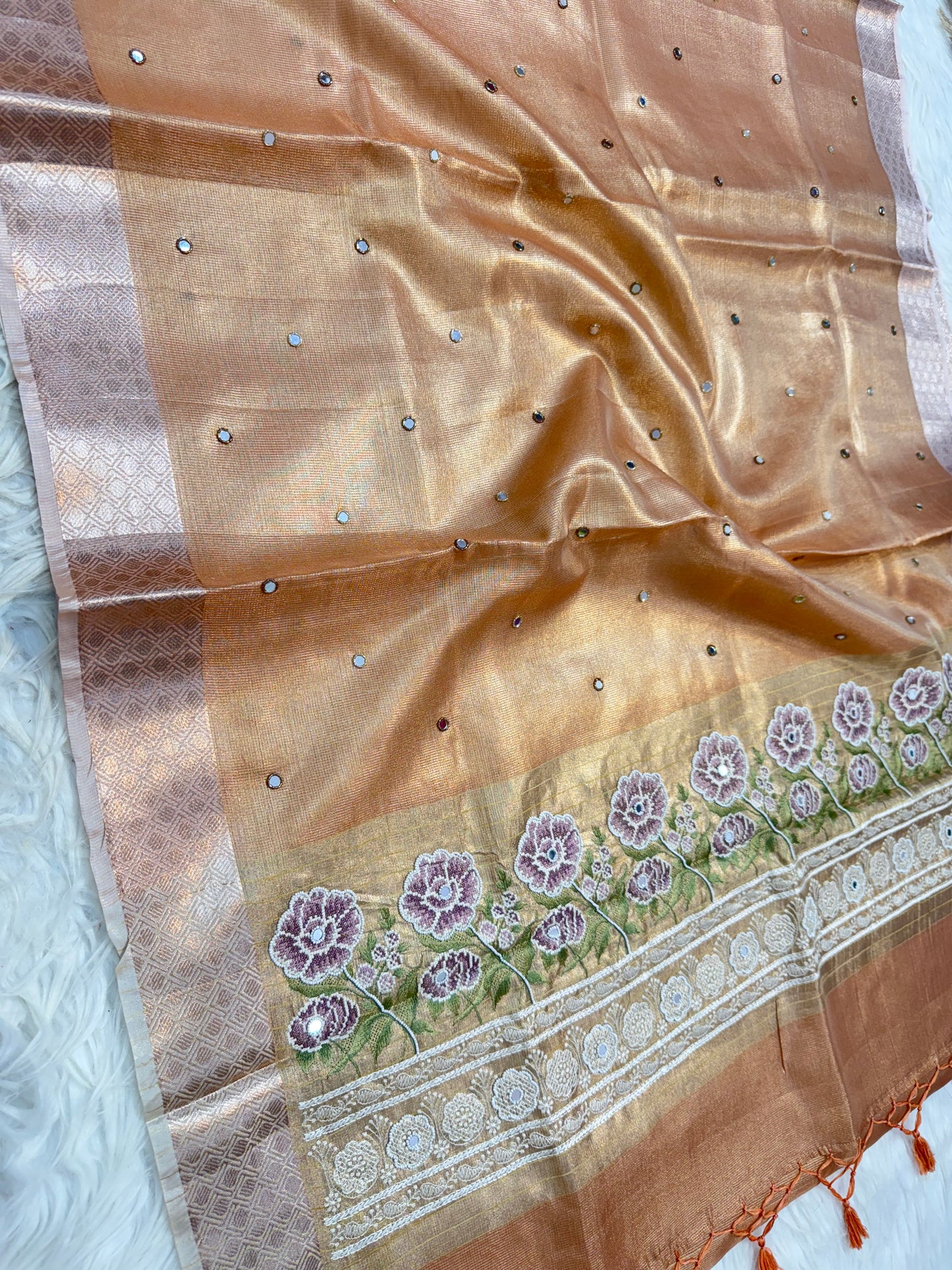 Peach shade kota tissue kota designer embroidery handwork premium Banarasi saree
