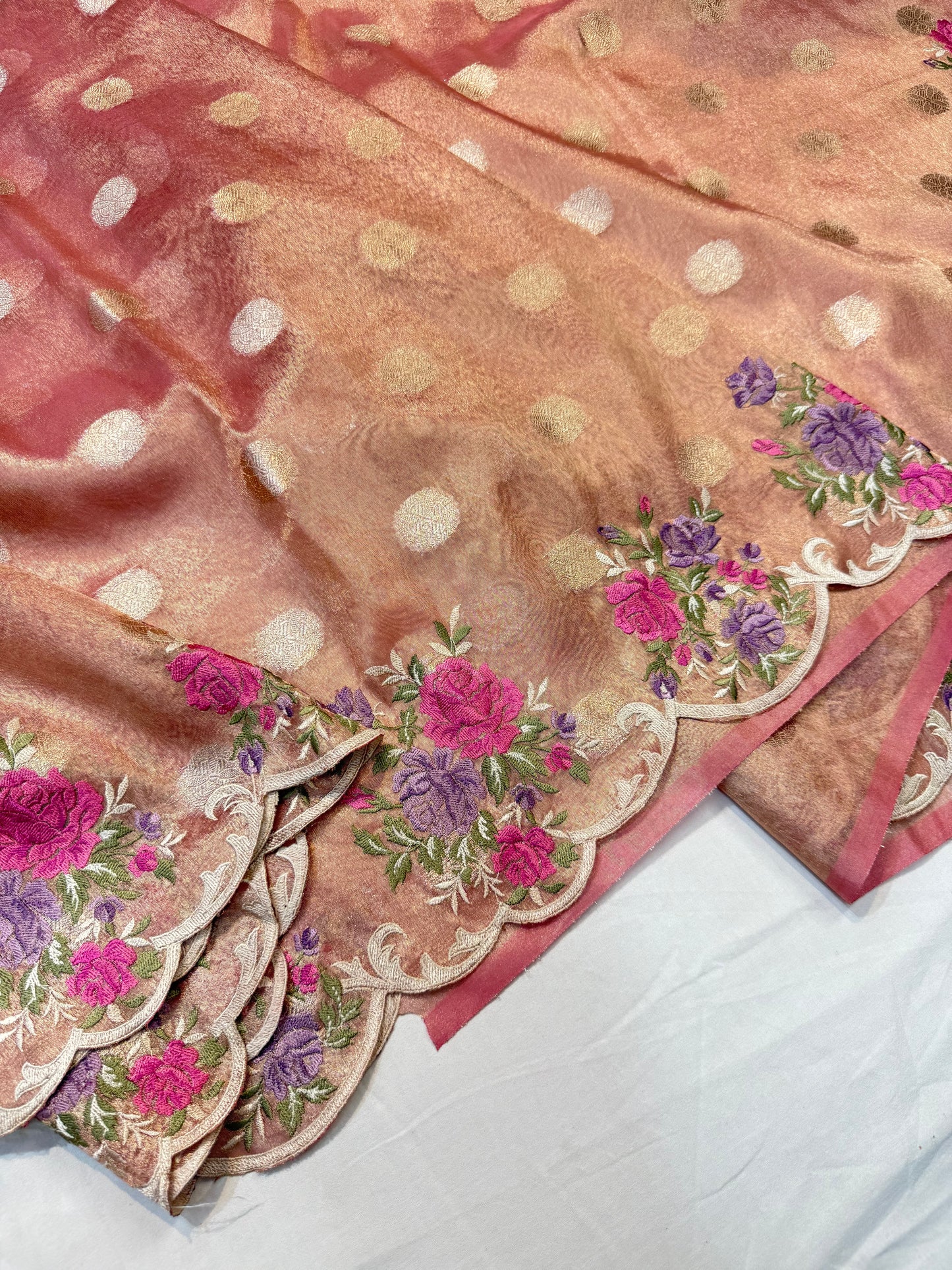 Pink tissue cutwork embroidery premium designer Banarasi saree