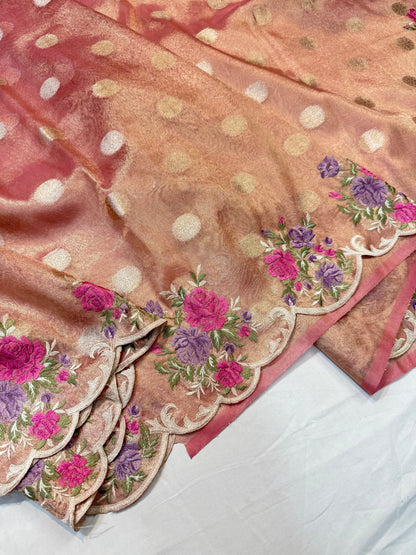 Pink tissue cutwork embroidery premium designer Banarasi saree