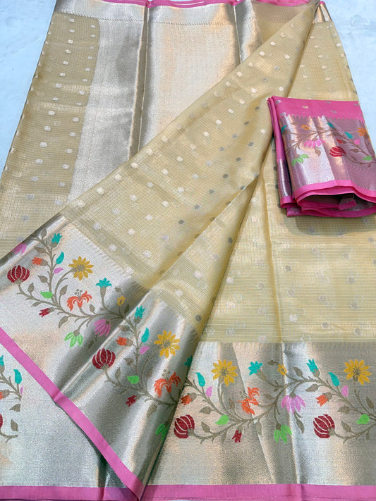 Gold & multicolour shade tissue kota premium paithani border designer banarasi saree