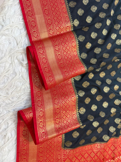 Black red shade Dupion Silk Banarasi Saree 