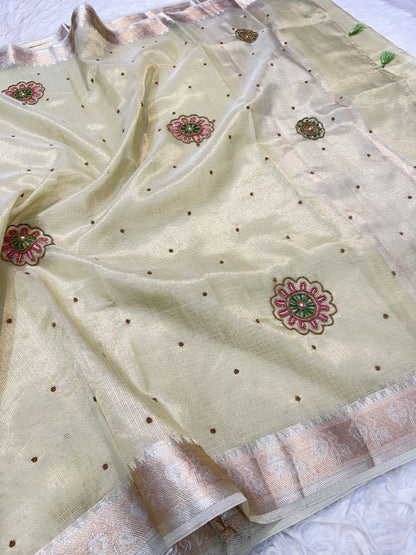 Pista green shade tissue kota designer handwork premium Banarasi saree