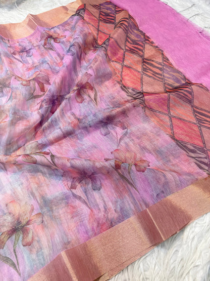 multicolour linen digital print Banarasi saree