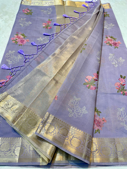 Lavender shade soft silk designer  premium embroidery Banarasi saree