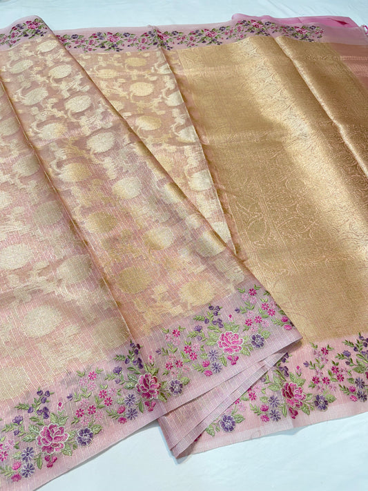 Pink shade tissue kota embroidery Banarasi saree