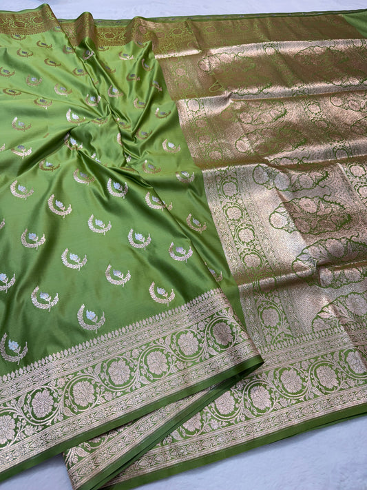 Mehandi shade satan katan premium Banarasi silk Saree