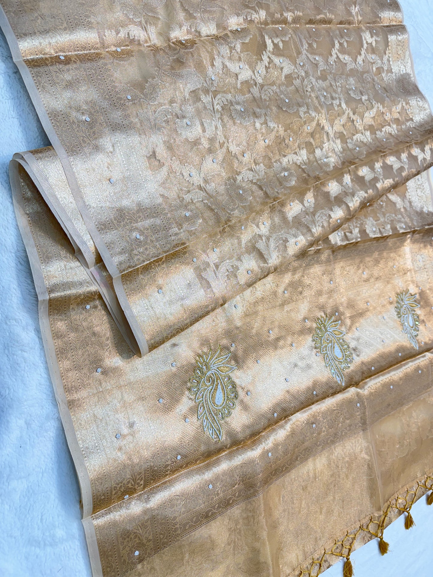 Gold shade tissue kota designer handwork premium Banarasi saree