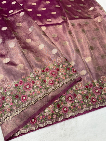 Maroon shade tissue cutwork embroidery premium designer Banarasi saree