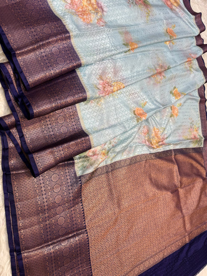 multicolour soft Dupion silk digital  print Banarasi saree