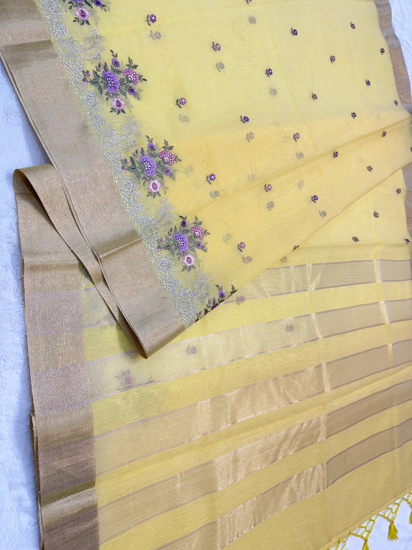 Yellow shade linen embroidery Banarasi saree