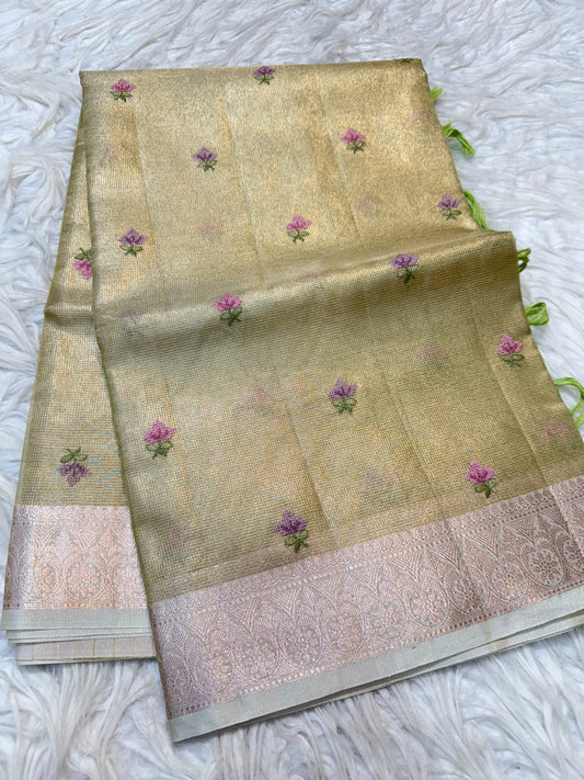 Pista green  shade tissue kota embroidery primum Banarasi saree