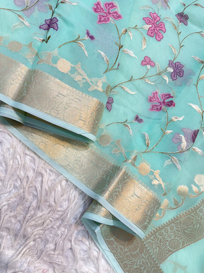 Turquoise shade  kora organza embroidery Banarasi saree