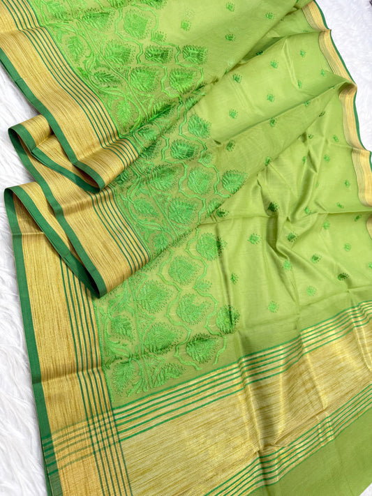 Pista green shade supernet chickenkari embroidery  Banarasi saree