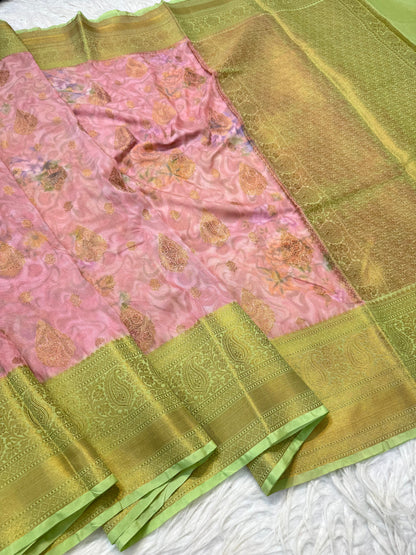 Peach pista green & multicolour shade georgatte digital print Banarasi saree