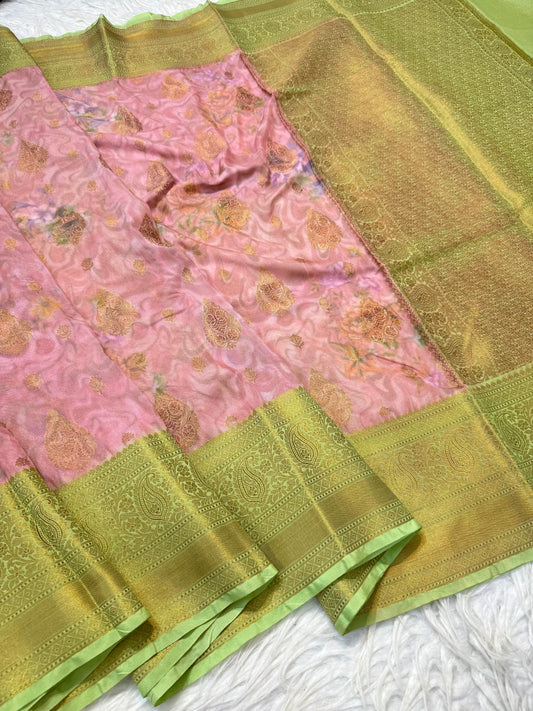 Peach pista green & multicolour shade georgatte digital print Banarasi saree