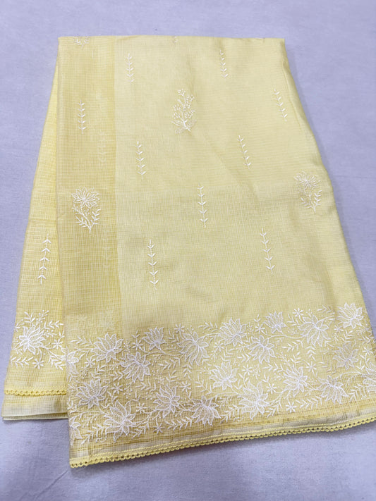Safety yellow shade cotton kota chickenkari embroidery Banarasi saree