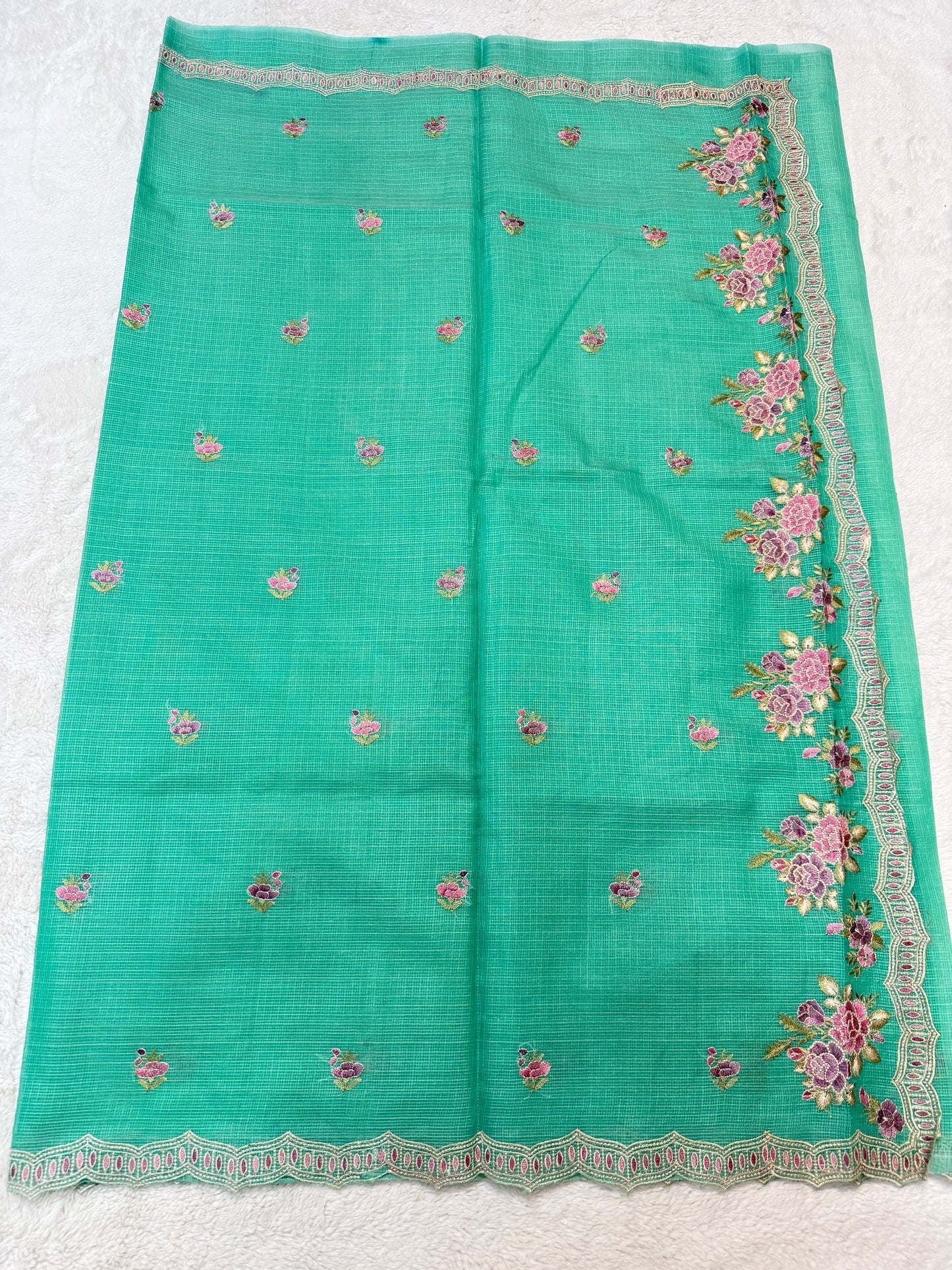 Sea green shade cotton kota designer embroidery premium Banarasi saree