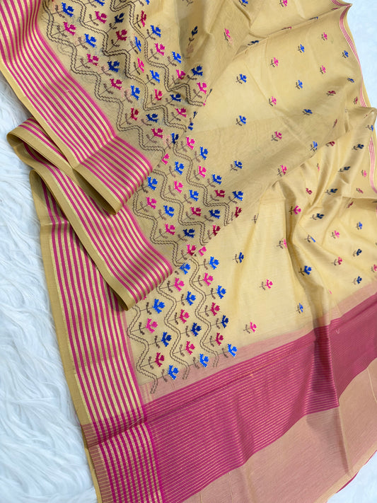 Beige pink shade supernet embroidery  Banarasi saree