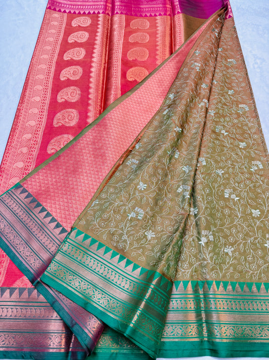 Multicolour shade soft silk embroidery Banarasi saree