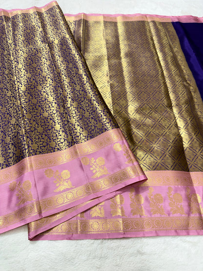 Navy peach shade Kanchi silk premium Banarasi saree