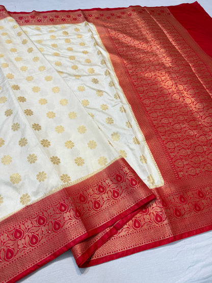 Off white & red shade  Dupion Silk premium Banarasi Saree
