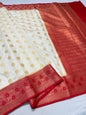 Off white & red shade  Dupion Silk premium Banarasi Saree