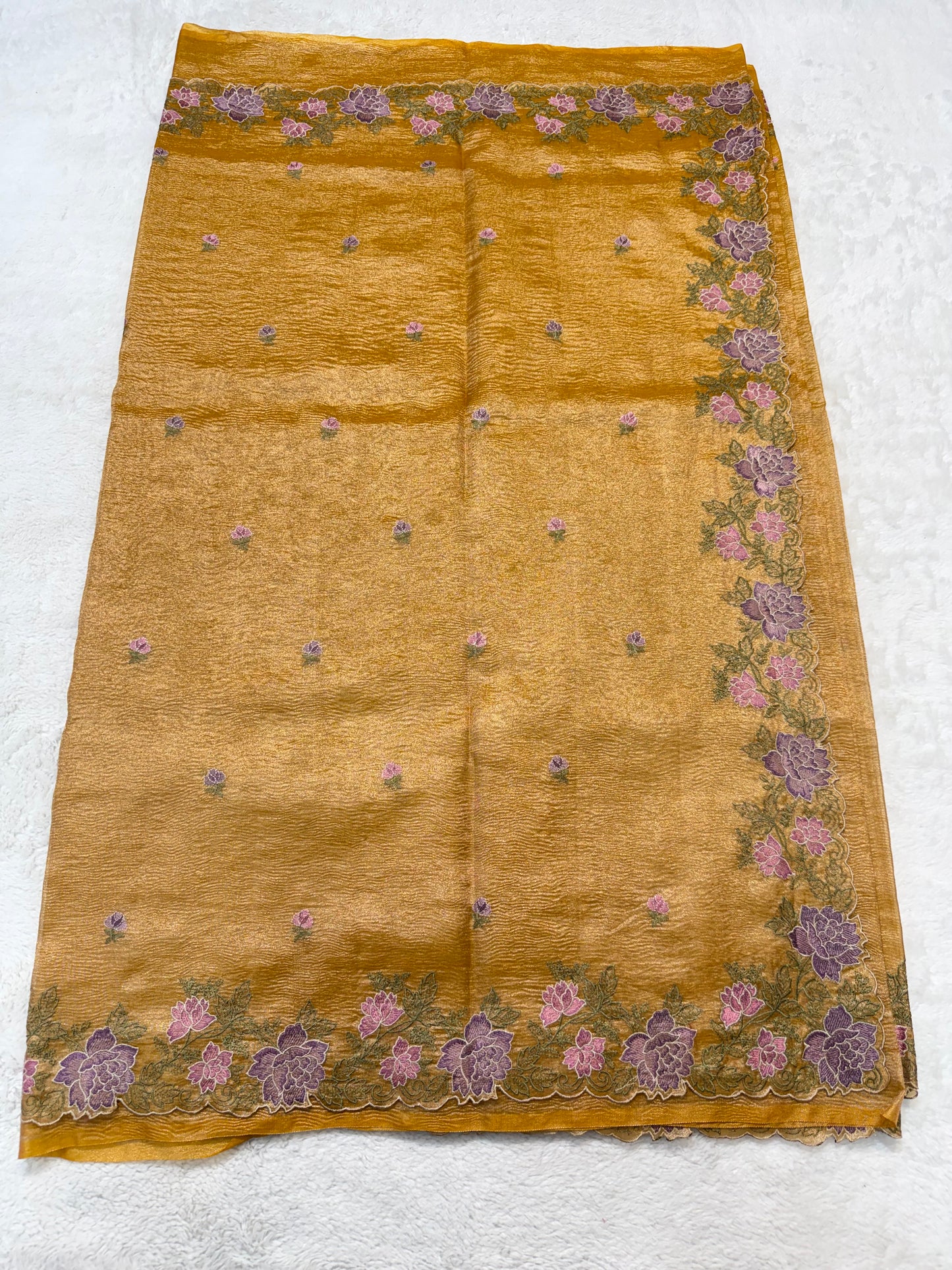 Gold shade tissue crush cutwork embroidery premium designer Banarasi saree