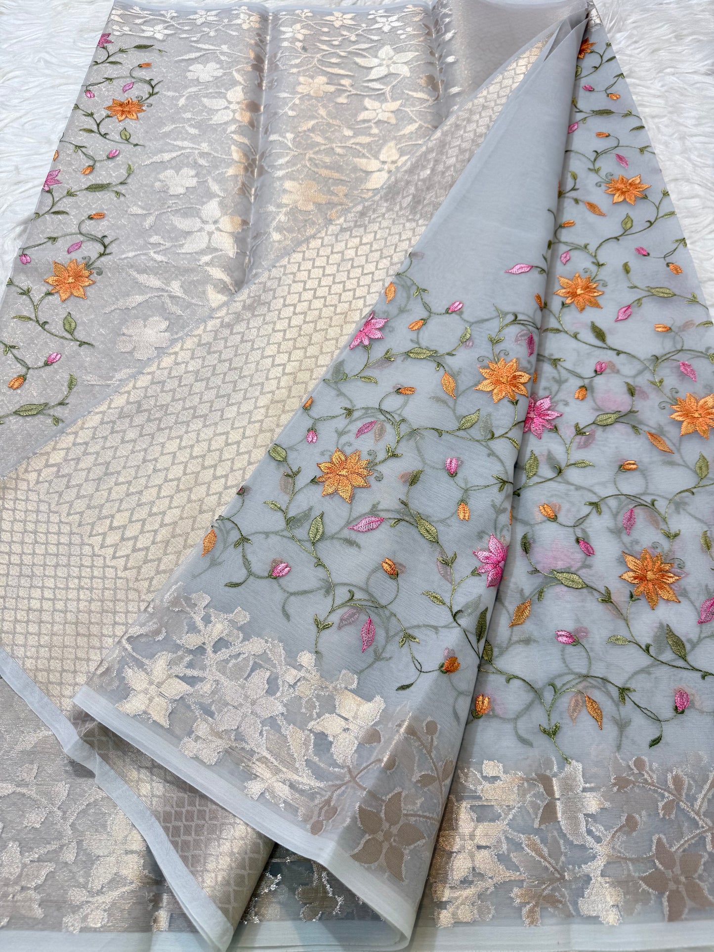 Grey shade kora organza  embroidery Banarasi saree