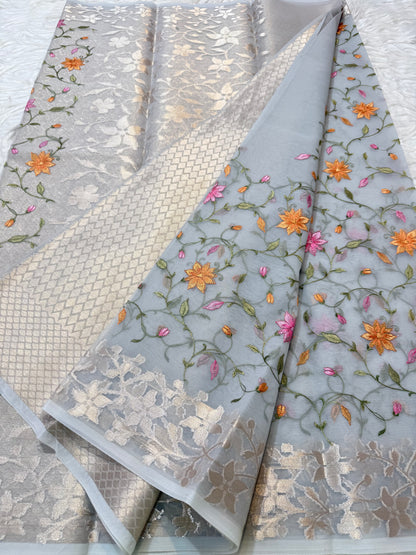 Grey shade kora organza  embroidery Banarasi saree
