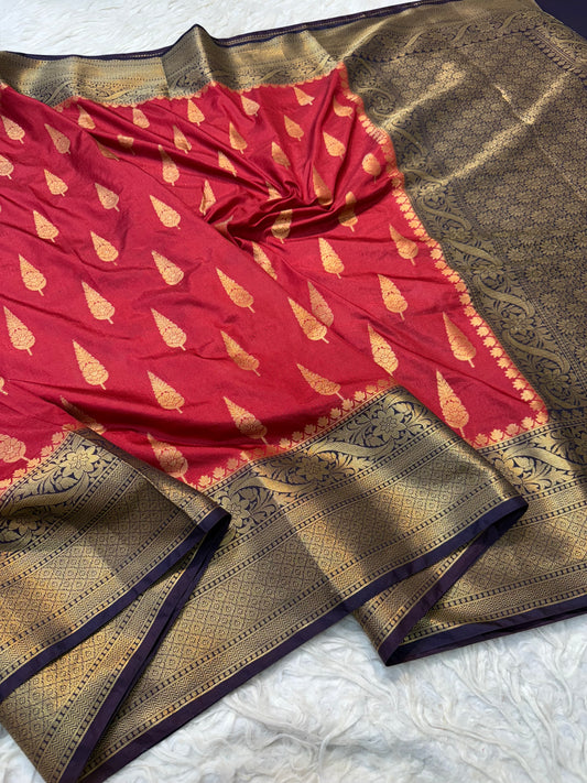 Red magenta shade Dupion Silk Banarasi Saree 