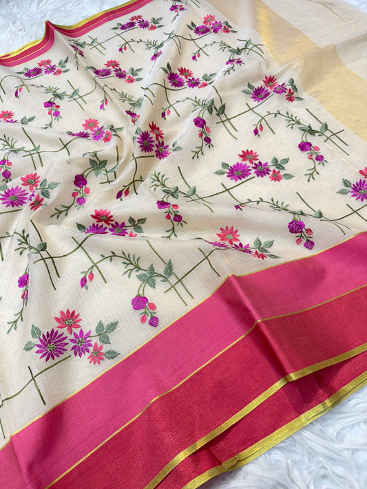 Off white royal pink pink shade tissue kota embroidery Banarasi saree