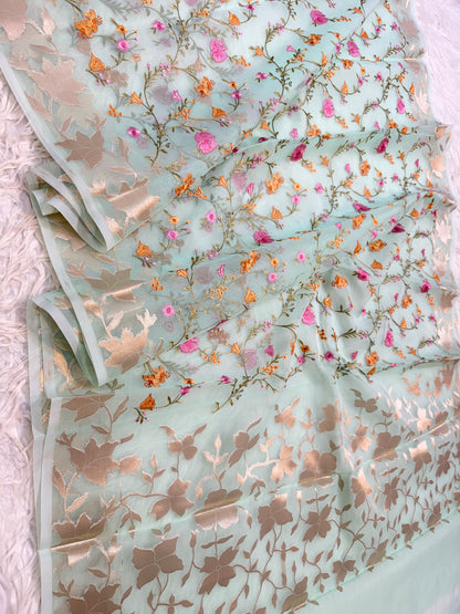 Turquoise shade kora organza embroidery banarasi saree